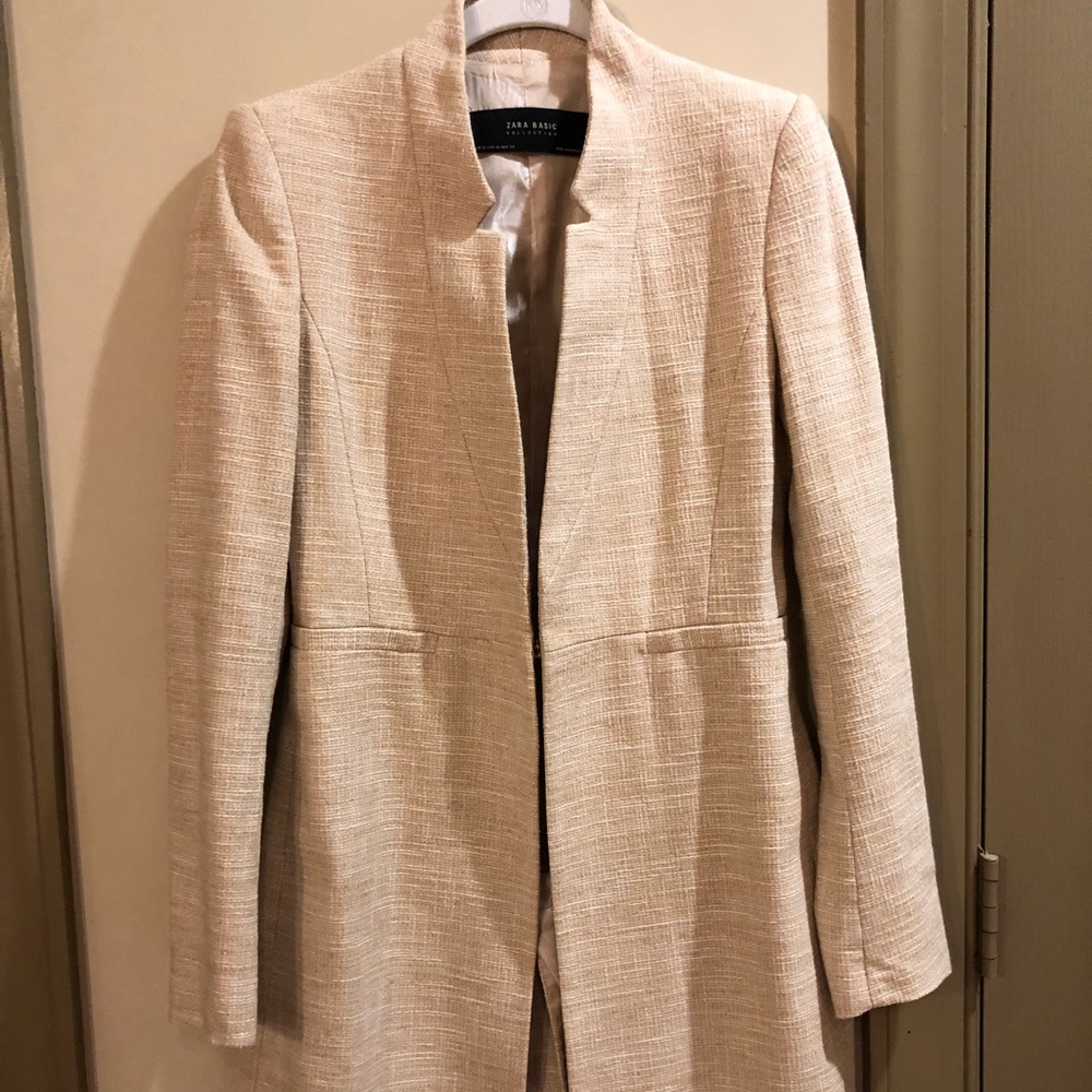 Beige Zara stand collar midi length jacket